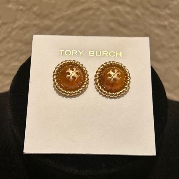 Tory Burch Kira Gold Tone Signature Logo Stud Earrings Preppy Medallion NEW - Picture 2 of 5